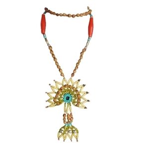 Southwestern Faux Stone Beaded Tan Turquoise Arch Burst Necklace 34"